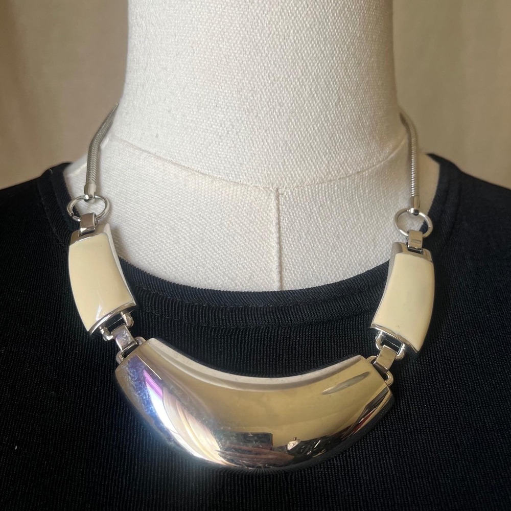 Vintage Silver Tone Cream Panel Sculptural Collar Necklace Modernist 17-19"